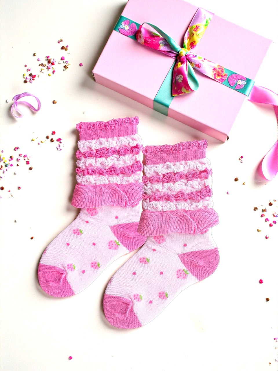 Toddler girls Petit Berries Pink on Pink cotton socks, 1 pair, beautifully gift boxed. Soft, cute, fun and makes the perfect gift.