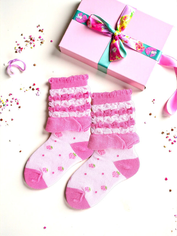 Toddler girls Petit Berries Pink on Pink cotton socks, 1 pair, beautifully gift boxed. Soft, cute, fun and makes the perfect gift.