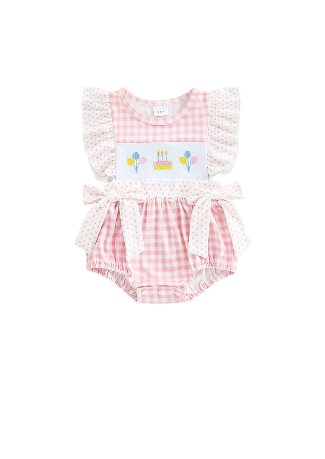Pink Check Embroidered Birthday Romper