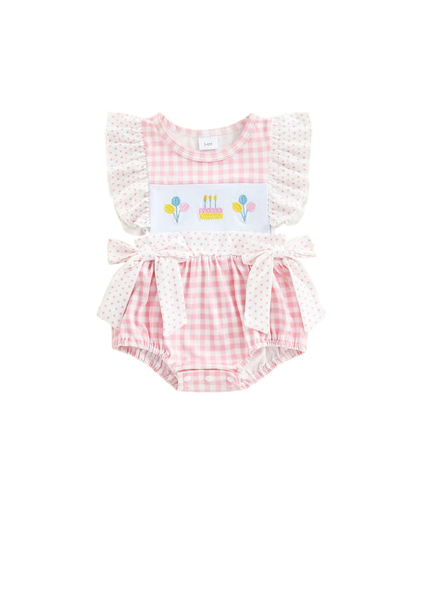 Pink Check Embroidered Birthday Romper