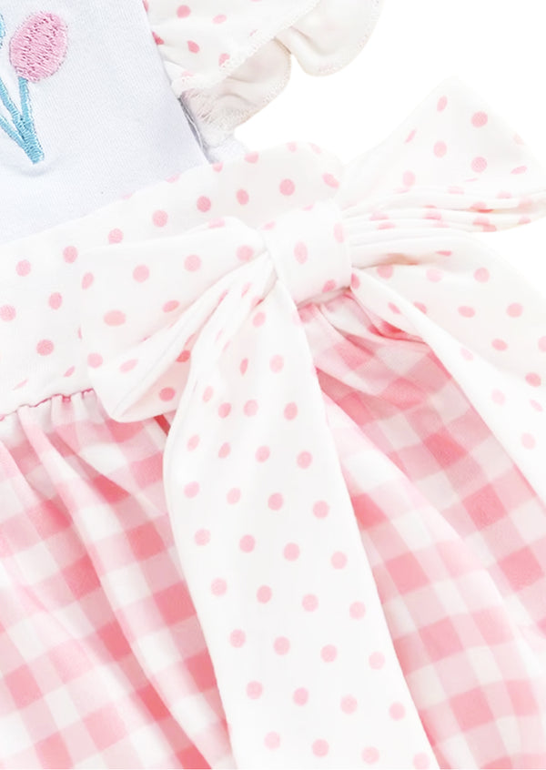 Pink Check Embroidered Birthday Romper