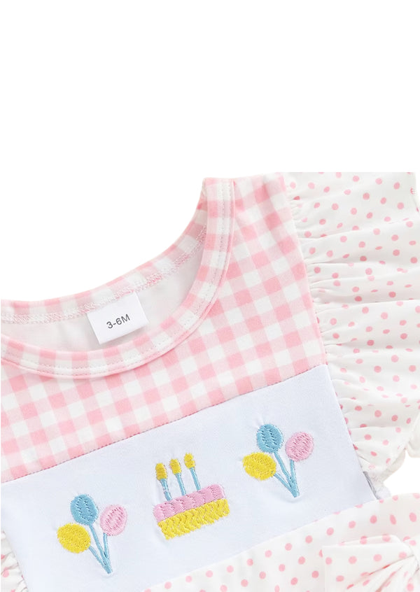 Pink Check Embroidered Birthday Romper