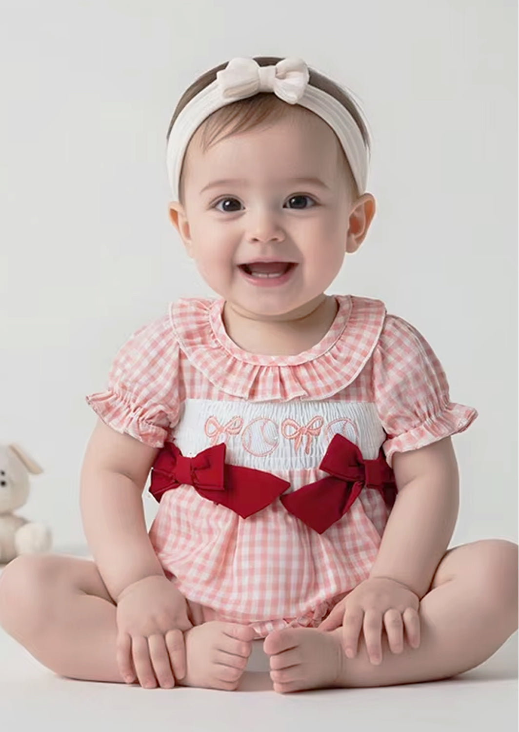 Baseballs & Bows Check Romper || Pink