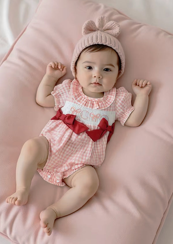 Baseballs & Bows Check Romper || Pink