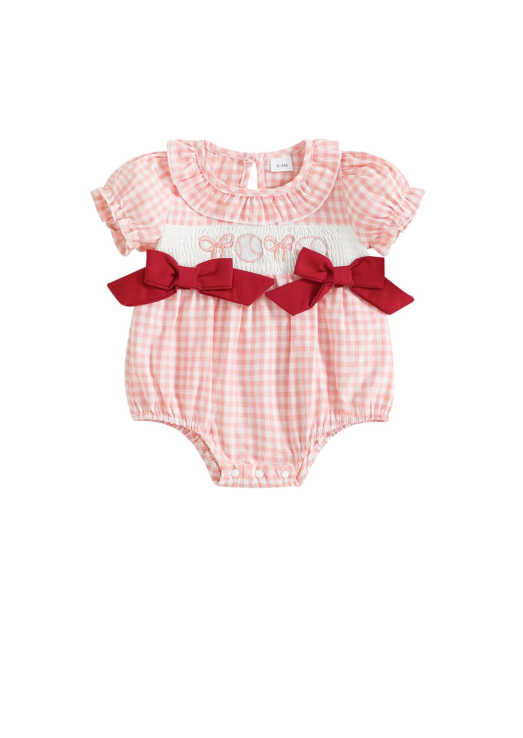 Baseballs & Bows Check Romper || Pink