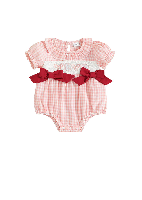 Baseballs & Bows Check Romper || Pink