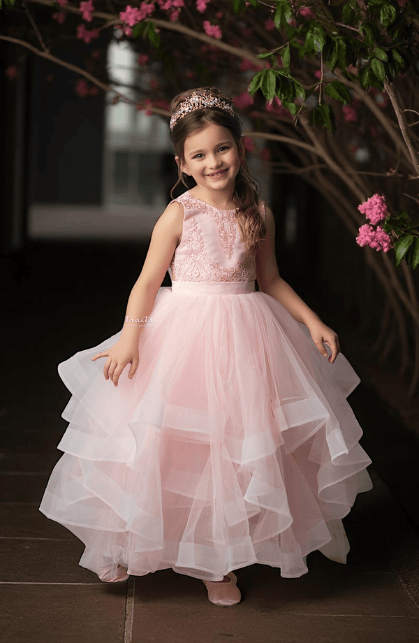 Elegant Pink Lace & Voile Cascading Girls Pageant & Portrait Dress