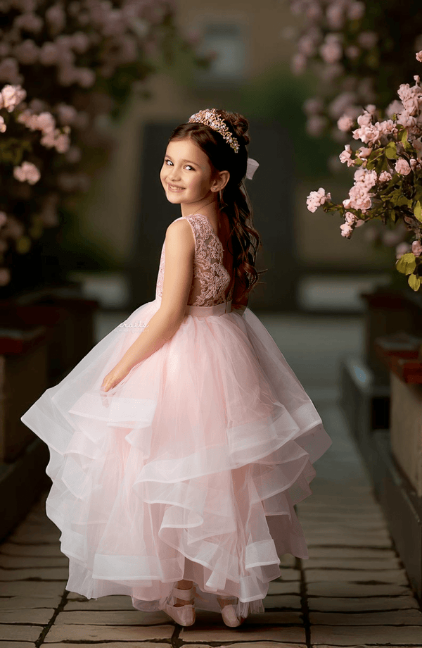 Elegant Pink Lace & Voile Cascading Girls Pageant & Portrait Dress