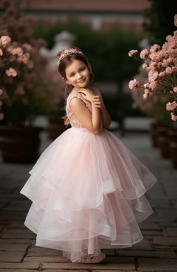 Elegant Pink Lace & Voile Cascading Girls Pageant & Portrait Dress