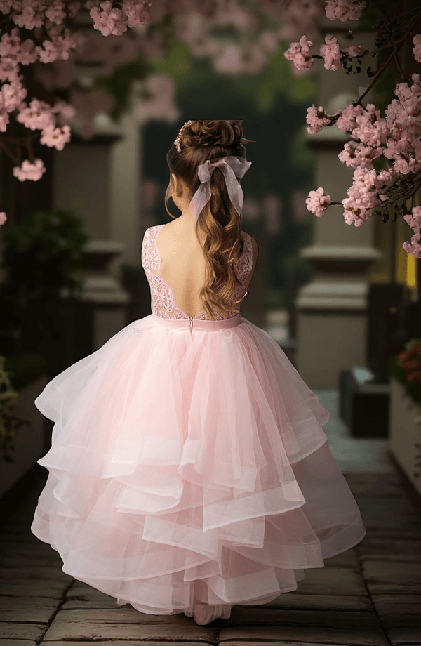 Elegant Pink Lace & Voile Cascading Girls Pageant & Portrait Dress