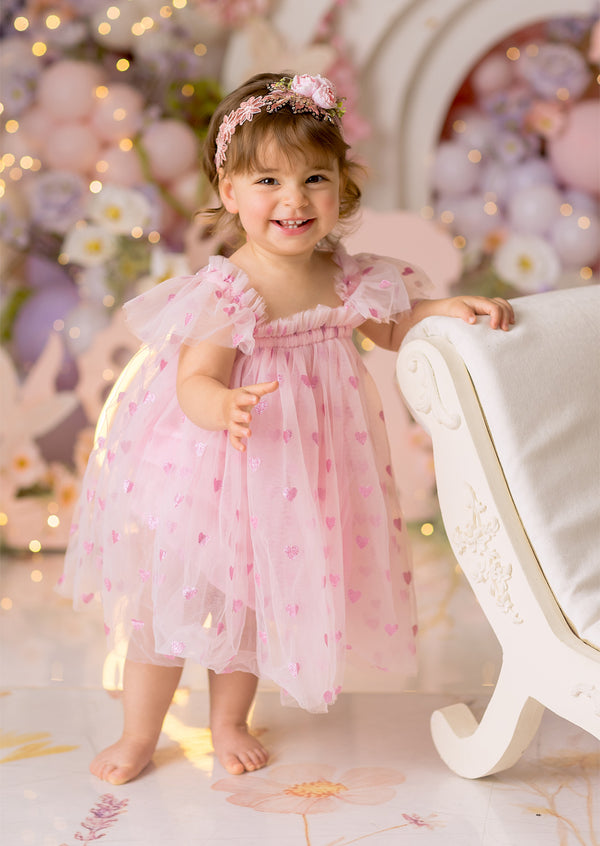 Pink Glitter Hearts Cake Smash Birthday Dress
