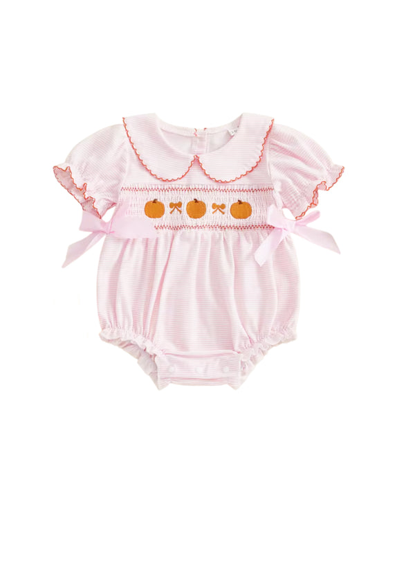 Thanksgiving Pumpkins Smocked Romper || Light Pink Orange