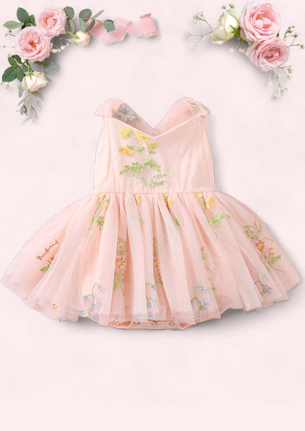 Garden Fairy Floral Tie Back Romper Pink Baby Girl Cake Smash Outfit