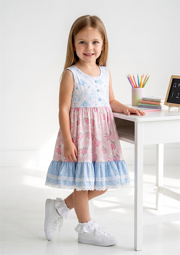 Pink Blue Peony Mixed Print Twirl Dress