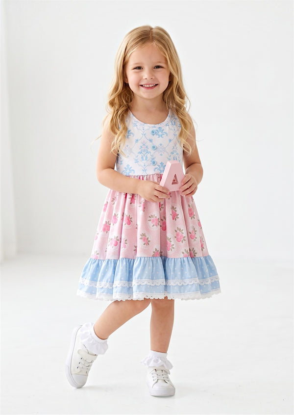 Pink Blue Peony Mixed Print Twirl Dress