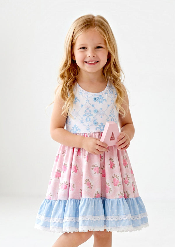 Pink Blue Peony Mixed Print Twirl Dress
