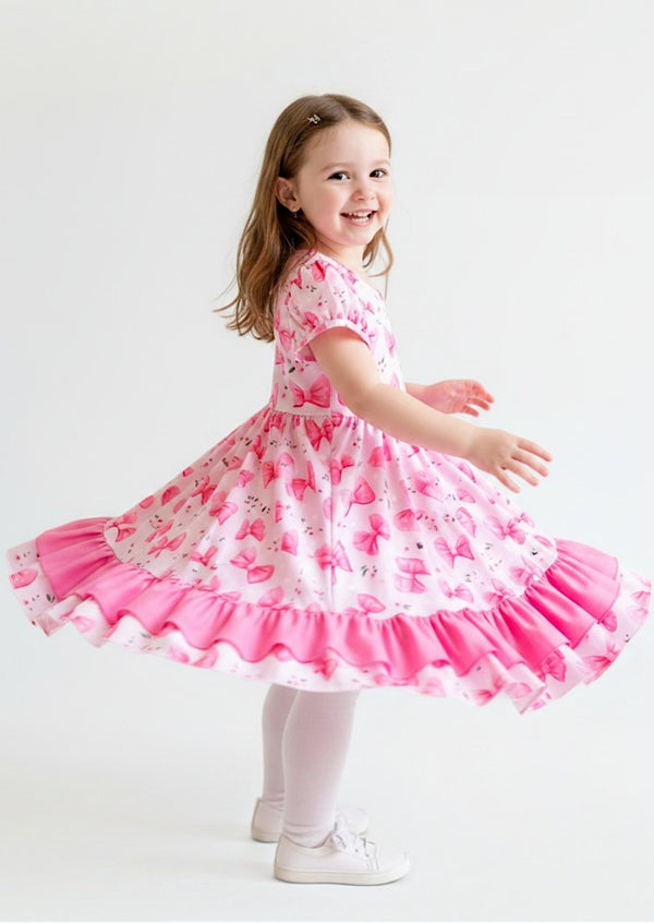 Pink Bows Girls Twirl Dress