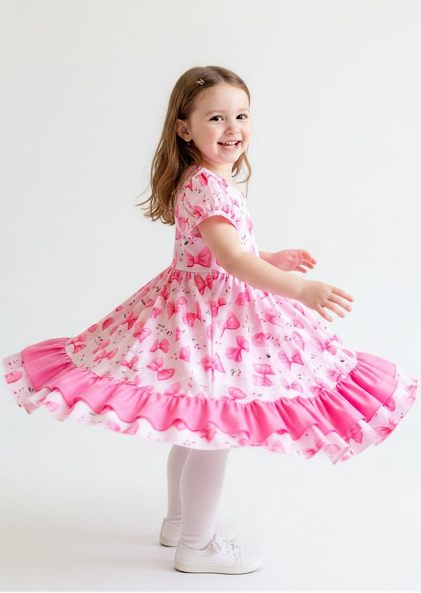 Pink Bows Girls Twirl Dress