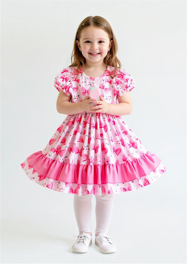 Candy Pink Flowers & Bows Puff Sleeve Twirl Dress