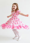 Candy Pink Flowers & Bows Puff Sleeve Twirl Dress
