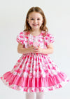 Candy Pink Flowers & Bows Puff Sleeve Twirl Dress