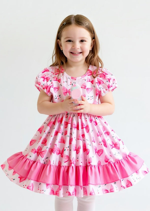 Candy Pink Flowers & Bows Puff Sleeve Twirl Dress