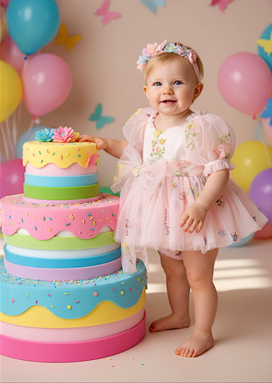 Pink Puff Sleeve Baby Romper Bow‑Tie Birthday Outfit