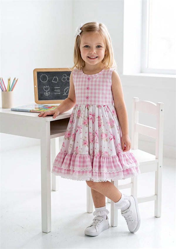 Girls Pink Gingham Floral Mixed Print Twirl Dress