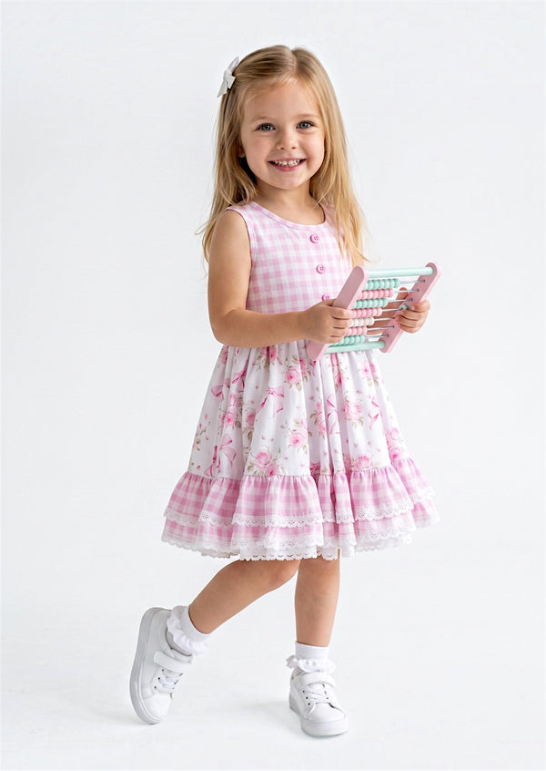 Girls Pink Gingham Floral Mixed Print Twirl Dress