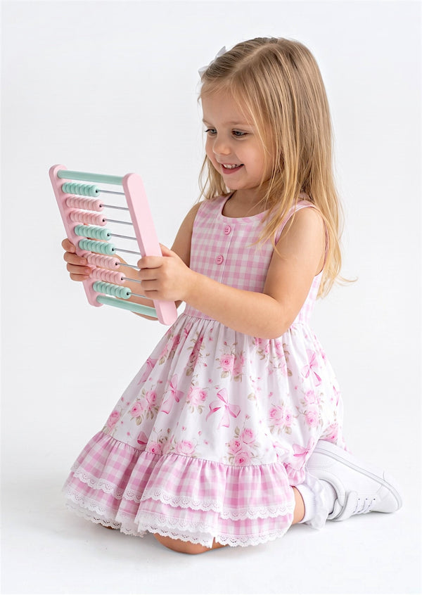 Girls Pink Gingham Floral Mixed Print Twirl Dress