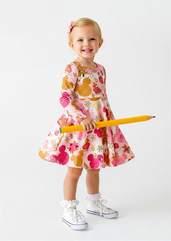 Girls Pink Golden Mouse Twirl Dress - Twirl Dresses