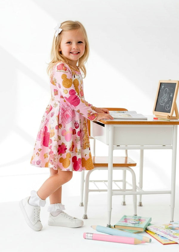 Girls Pink Golden Mouse Twirl Dress - Twirl Dresses