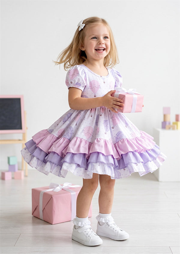 Girls Pink Lavender Pastel Balloons Birthday Twirl Dress