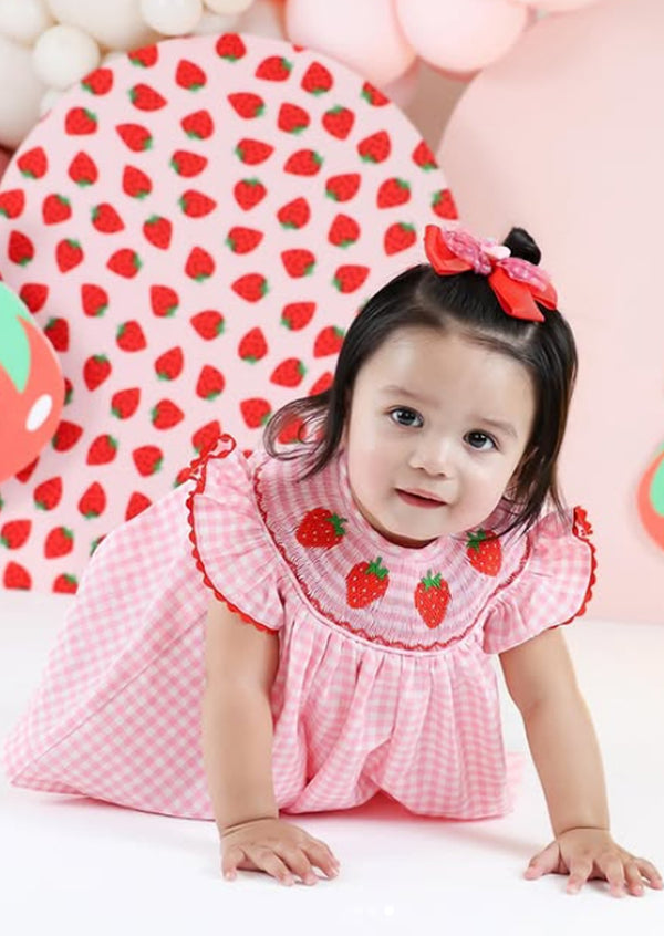 Pink Strawberry Smocked Shorts Set