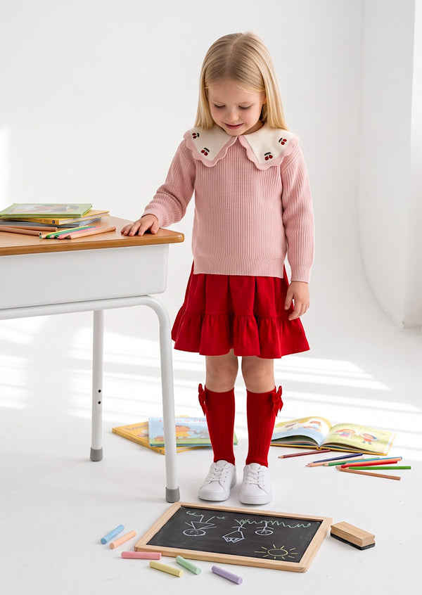 Girls Pink Cherry Collar Pullover Sweater - Fall School Sweaters