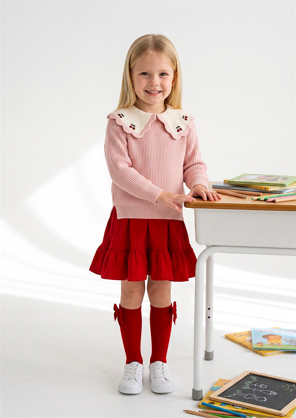 Girls Pink Cherry Collar Pullover Sweater - Fall School Sweaters