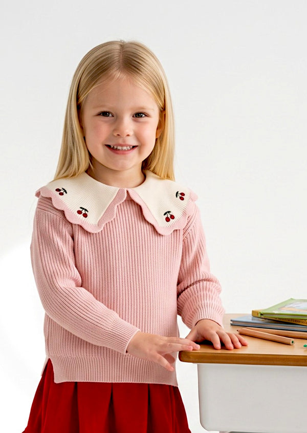 Girls Pink Cherry Collar Pullover Sweater - Fall School Sweaters