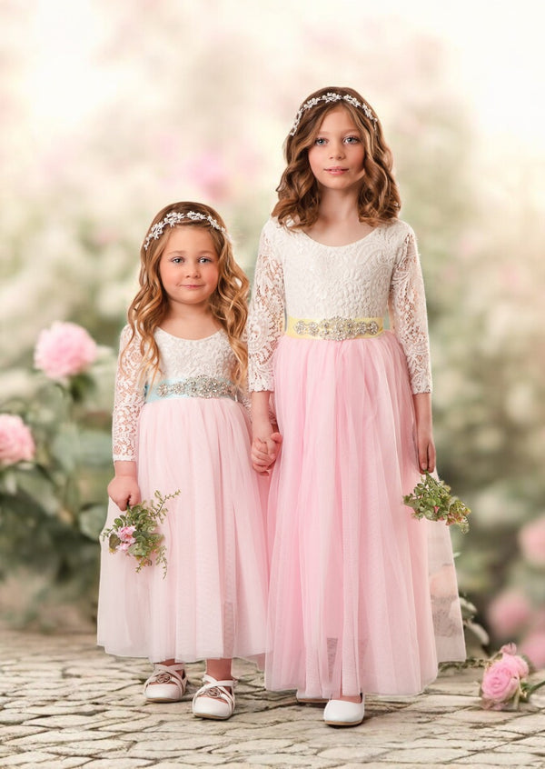 pink and white flower girl dresses with rhinestone sash and long sleeves