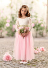 pink and white tulle flower girl dresses with yellow rhinestone sash