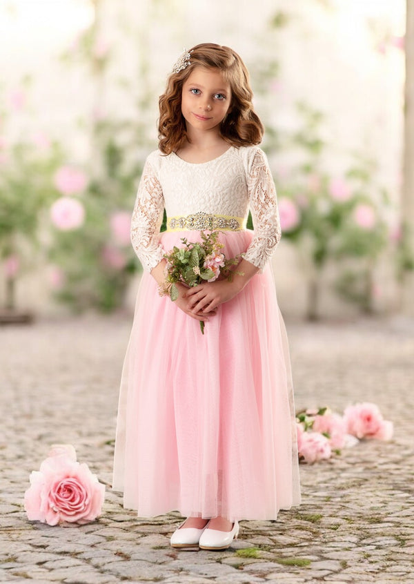 pink and white tulle flower girl dresses with yellow rhinestone sash