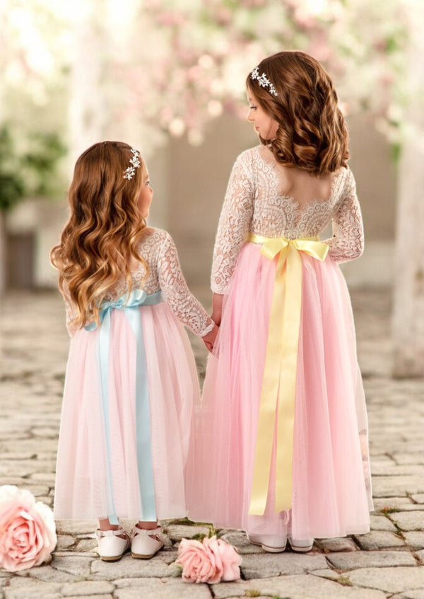 Elegant vintage pink and light pink flower girl dresses with sash