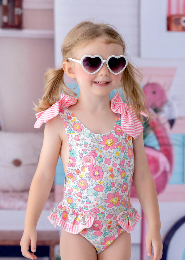 Girls’ Baby Toddler & Girls Pink floral swimsuit with pink forget‑me‑nots, bows, and cross‑back straps