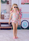 Girls’ Baby Toddler & Girls Pink floral swimsuit with pink forget‑me‑nots, bows, and cross‑back straps