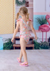 Girls’ Baby Toddler & Girls Pink floral swimsuit with pink forget‑me‑nots, bows, and cross‑back straps