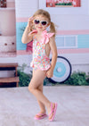 Girls’ Baby Toddler & Girls Pink floral swimsuit with pink forget‑me‑nots, bows, and cross‑back straps