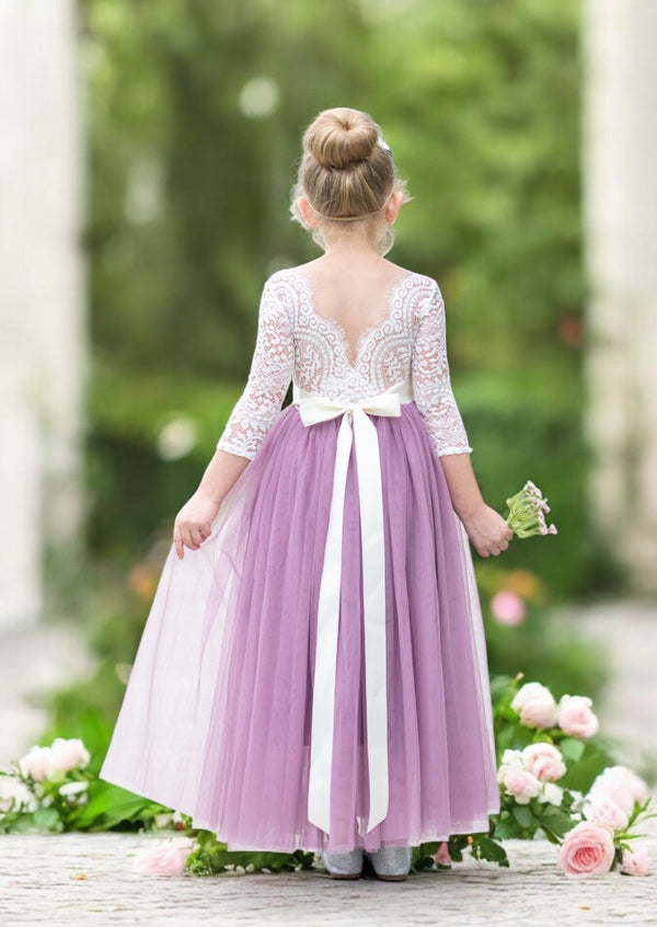 plum and white flower girl dresses