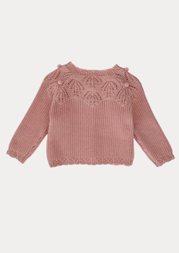 Shoulder Design Hand Knit Cardigan in Pink