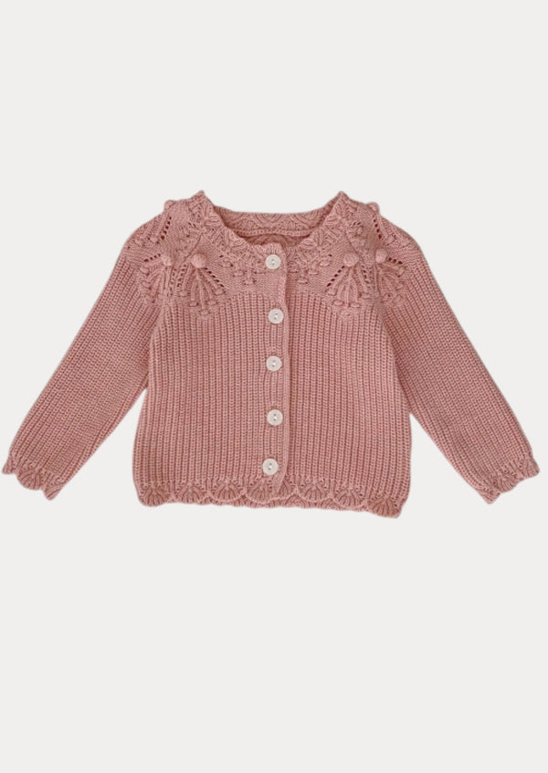 Shoulder Design Hand Knit Cardigan in Pink