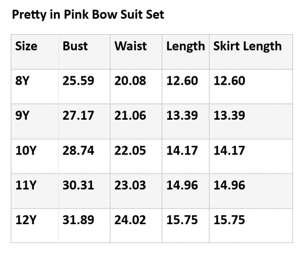 Girls 2-piece suit size chart