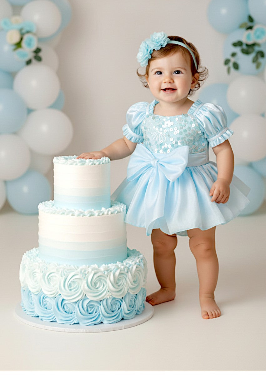 Blue Sequin Baby Romper  Luxury First Birthday Outfit